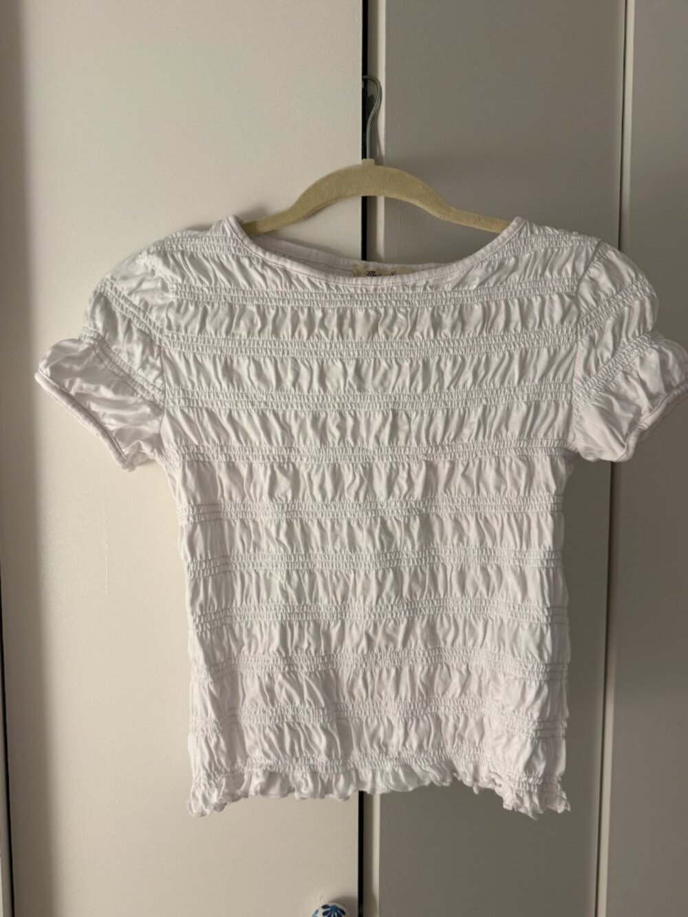Madewell Smocked Short Sleeve Top White Boatneck Cotton Tencel Fitted Size Small